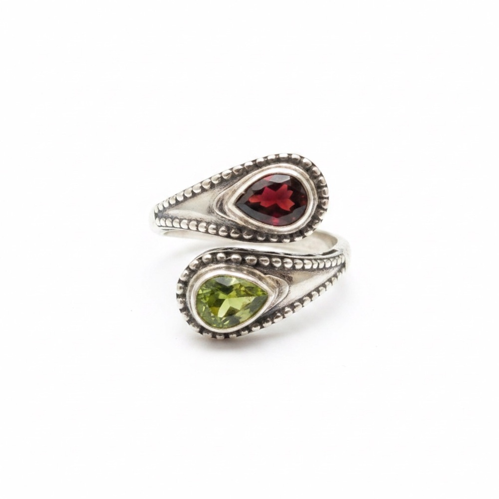 Sterling Silver Adjustable Teardrop Ring with Garnet & Peridot  6.5-10